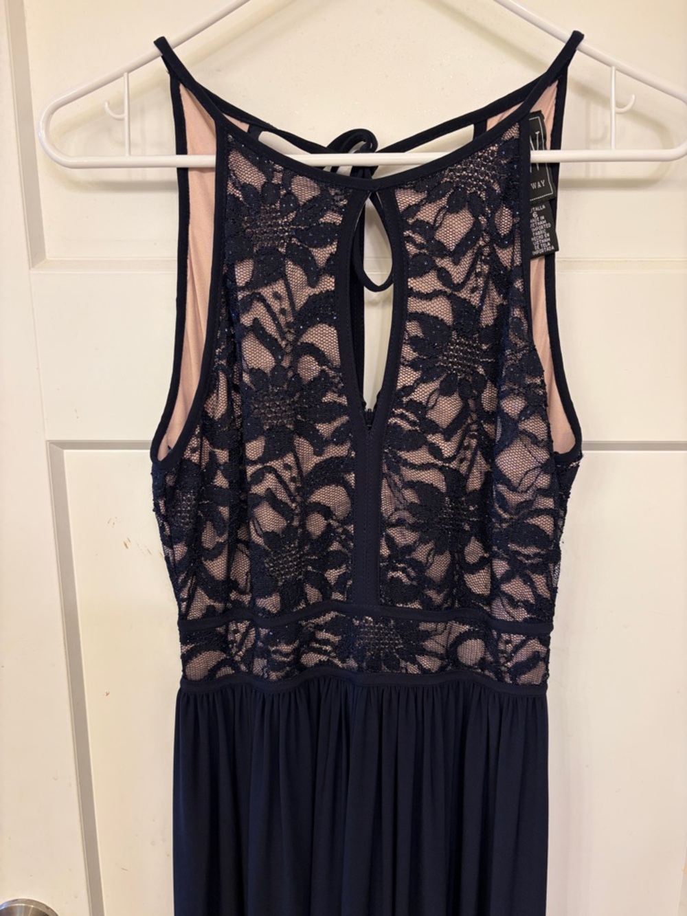 Navy Lace-Overlay Prom Dress with Illusion Bodice